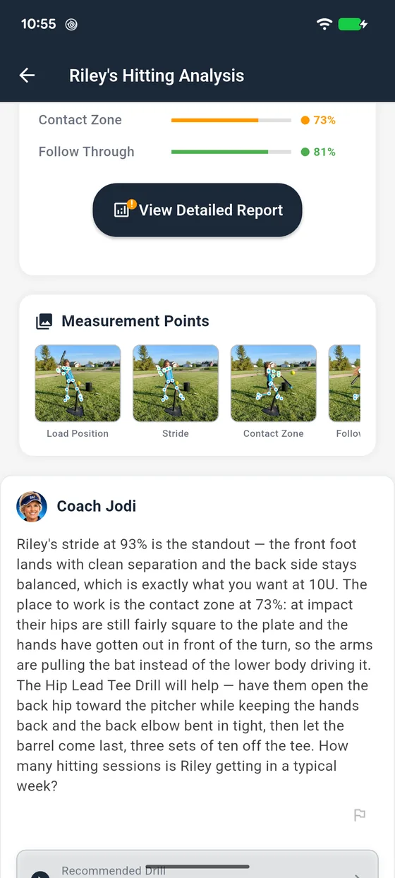 Analysis keyframes with skeletal overlays above Coach Jodi's AI feedback