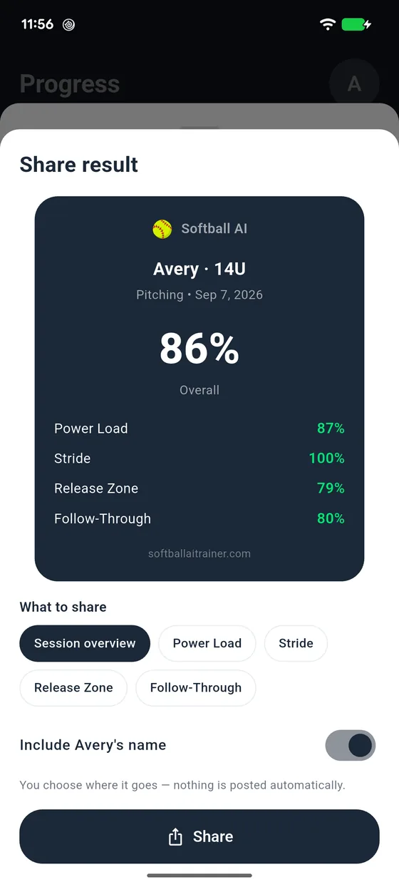 Share sheet with a branded results card and a name privacy toggle